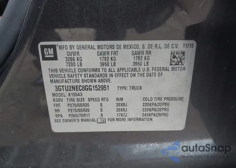 2016 GMC Sierra 1500 Slt из США, поврежденный, VIN 3GTU2NEC8GG152951